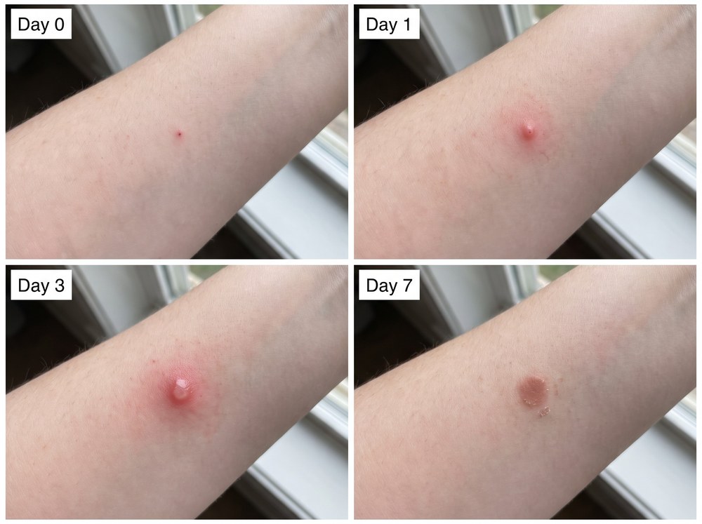 Side by side labeled comparison of a scattered carpet beetle dermatitis rash next to a linear row of bed bug bites on skin